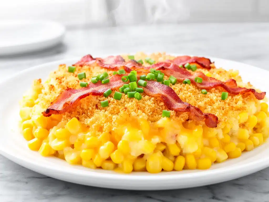 cheesy corn casserole with bacon - featured image