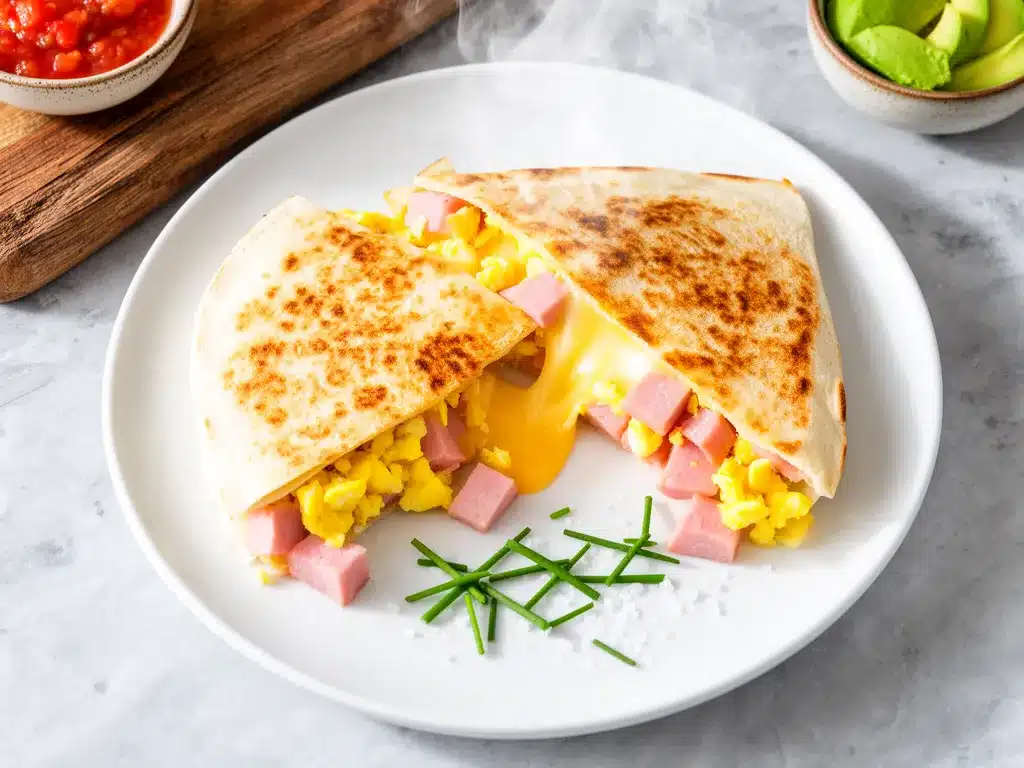 Cheesy Ham and Egg Breakfast Quesadillas for School Mornings 4 cheesy ham and egg breakfast quesadillas preparation steps