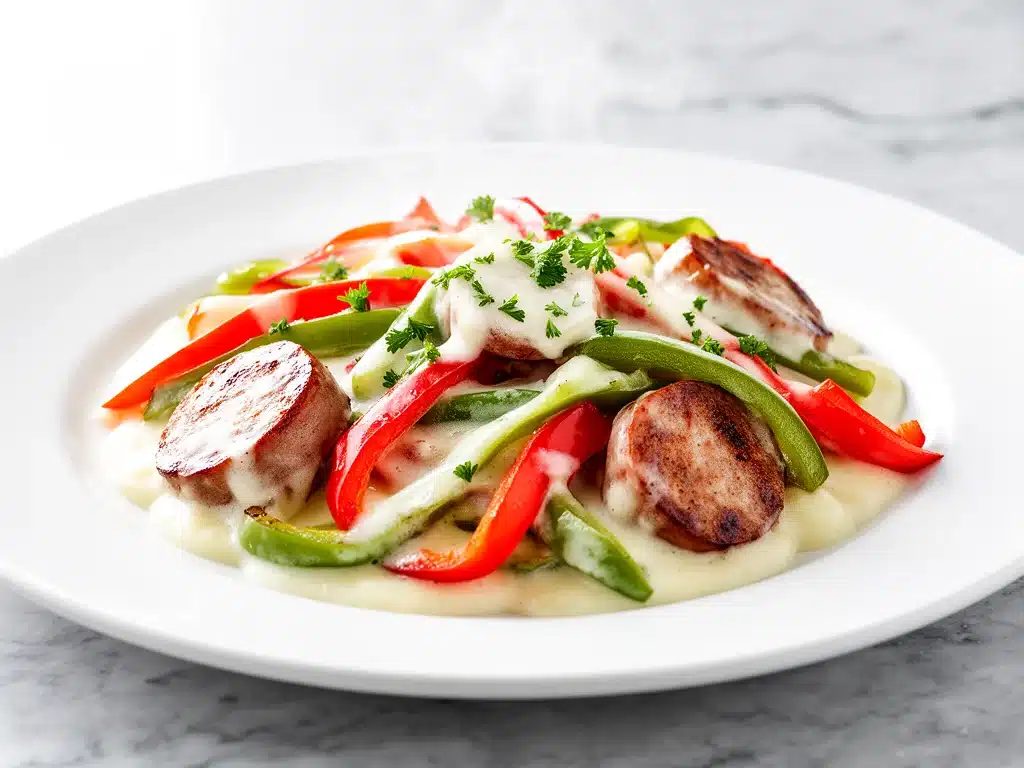 creamy crockpot sausage and peppers - featured image