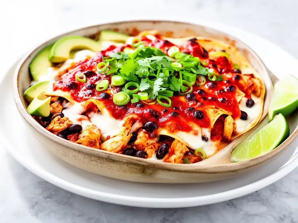 crispy chicken and black bean enchilada casserole - featured image