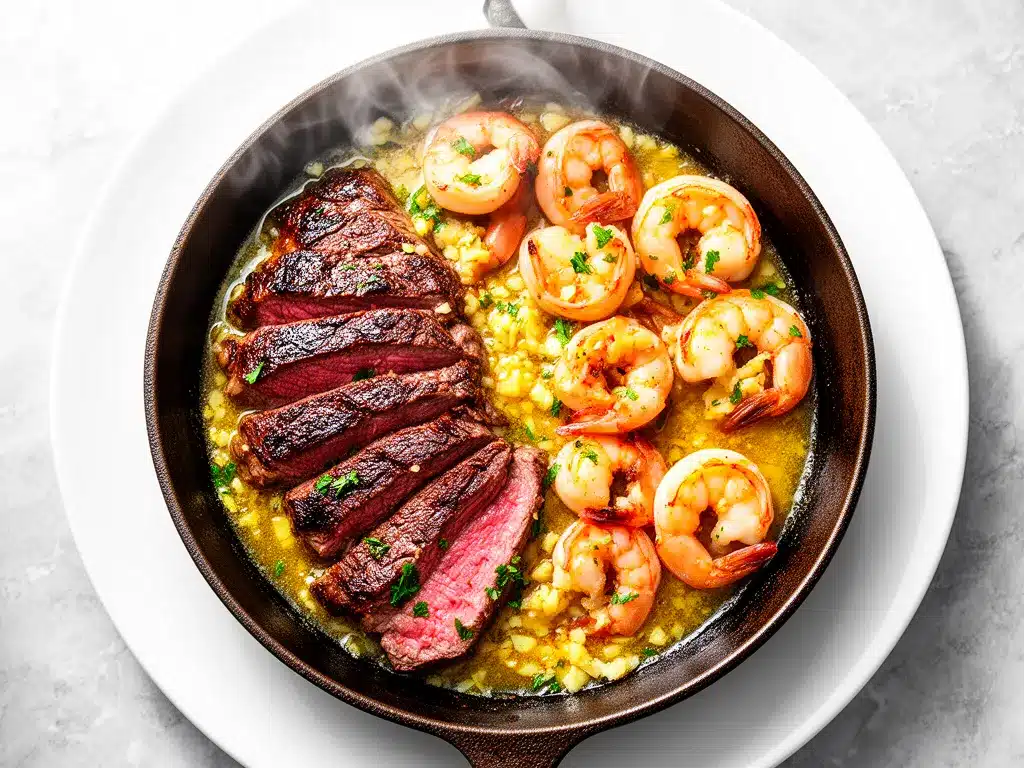 Garlic Butter Steak and Shrimp Skillet: 15-Min Easy Weeknight Dinner 4 garlic butter steak and shrimp skillet preparation steps