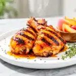 grilled barbecue chicken thighs with peach glaze - featured image