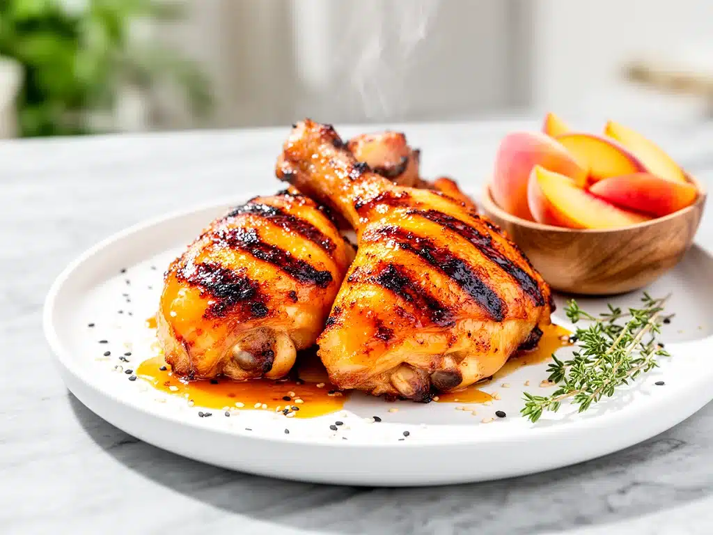 grilled barbecue chicken thighs with peach glaze - featured image