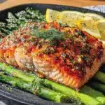 healthy salmon and asparagus sheet pan dinner - featured image