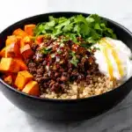 hot honey ground beef and sweet potato grain bowl - featured image