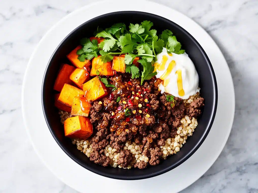 Hot Honey Ground Beef & Sweet Potato Bowl 4 hot honey ground beef and sweet potato grain bowl preparation steps