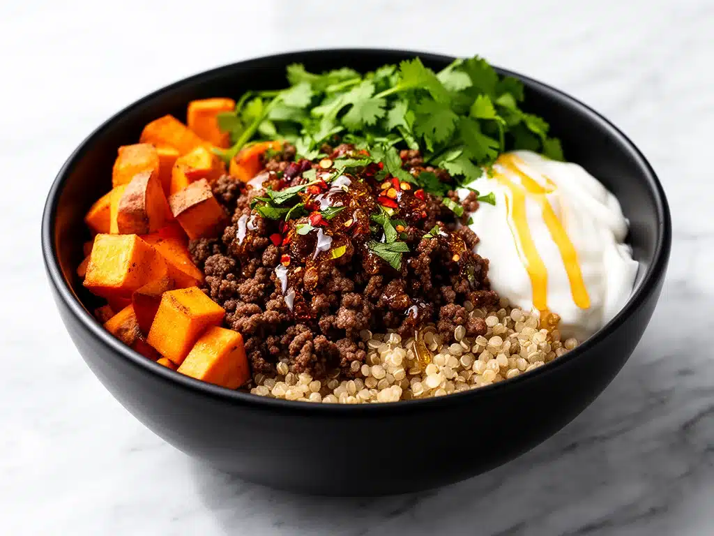 hot honey ground beef and sweet potato grain bowl - featured image