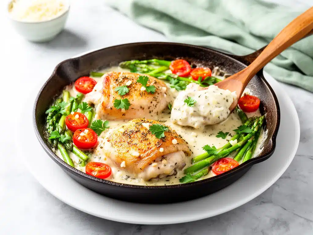 one pan creamy garlic chicken thighs - featured image