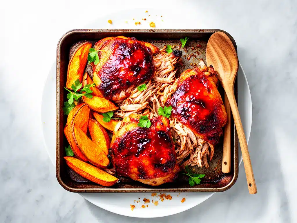 Sheet Pan BBQ Chicken & Sweet Potatoes: 15-Min Easy Weeknight Dinner 4 sheet pan BBQ chicken and sweet potatoes preparation steps